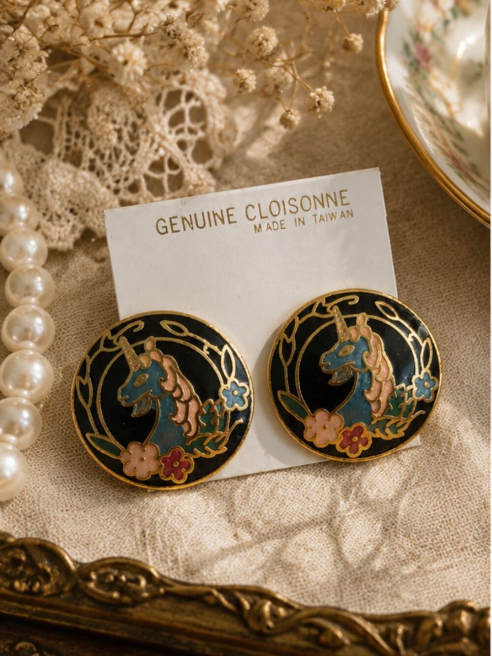 Vintage 1980s Cloisonné Unicorn Clip-On Earrings | Enamel